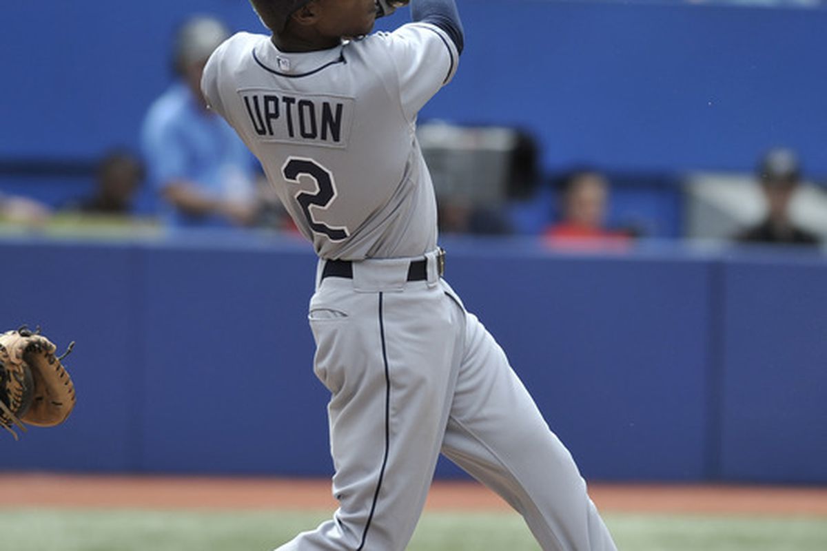 TORONTO, CANADA - AUGUST 28:  B.J. Upton #2 of the Tampa Bay Rays breaks his bat during MLB game action against the Toronto Blue Jays August 28, 2011 at Rogers Centre in Toronto, Ontario, Canada. (Photo by Brad White/Getty Images)
