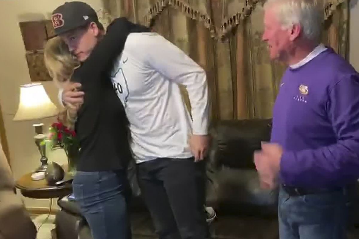 In this still image from video provided by the NFL, LSU quarterback Joe Burrow celebrates being chosen first by the Cincinnati Bengals during the first round of the 2020 NFL Draft on April 23, 2020.