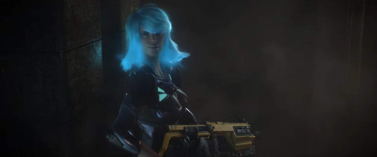 Nyx, a woman with glowing blue hair holding a futuristic rifle