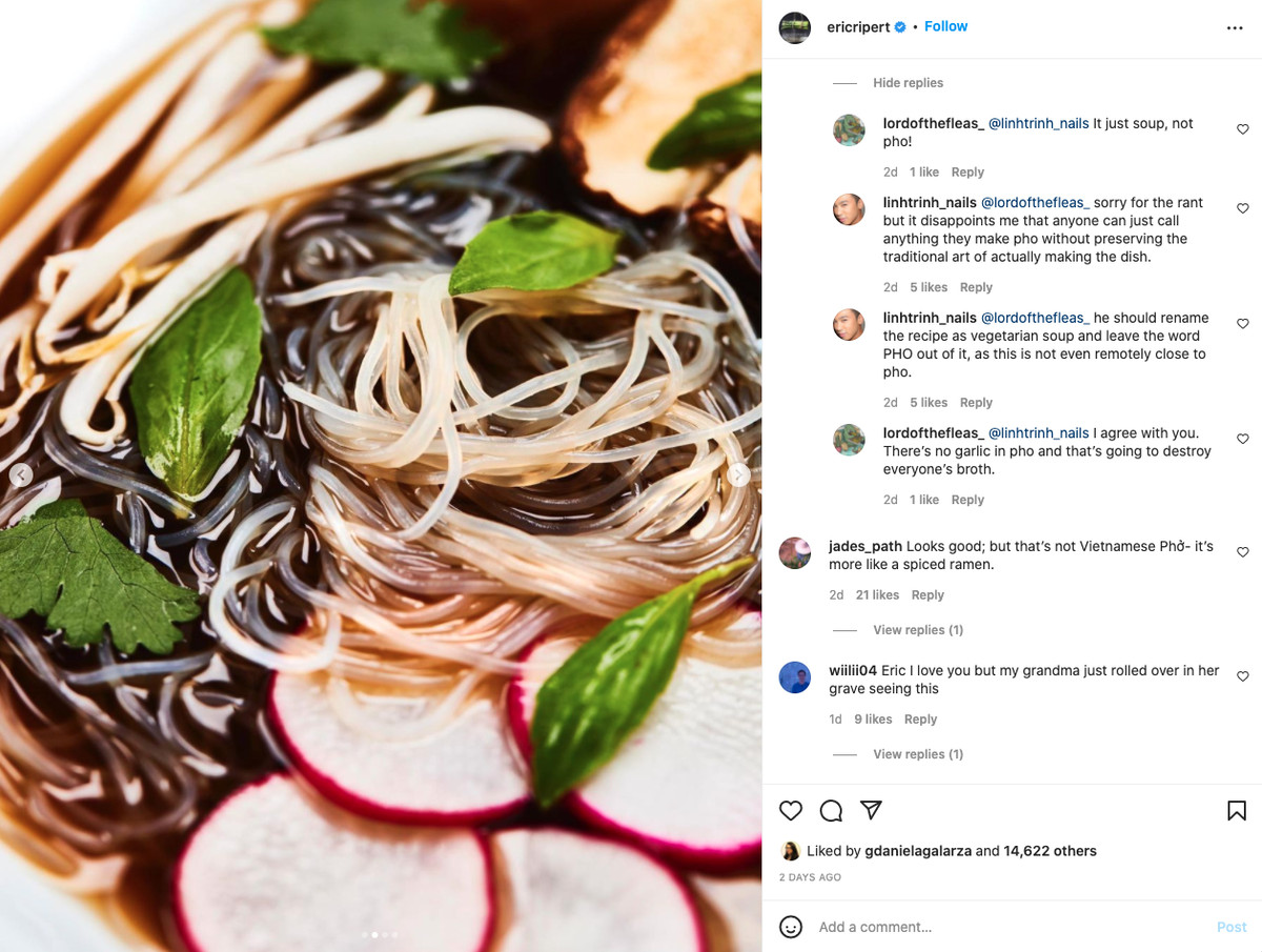 A screenshot of the second slide in Ripert’s Instagram post showing an up-close photo of his pho image from his cookbook.