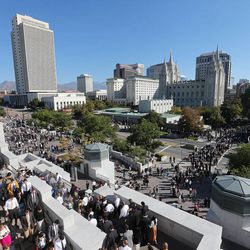Crowds leave after the close of the 183rd Semiannual  General Conference of the Church of Jesus Christ of Latter-day Saints Sunday, Oct. 6, 2013, in Salt Lake City.  