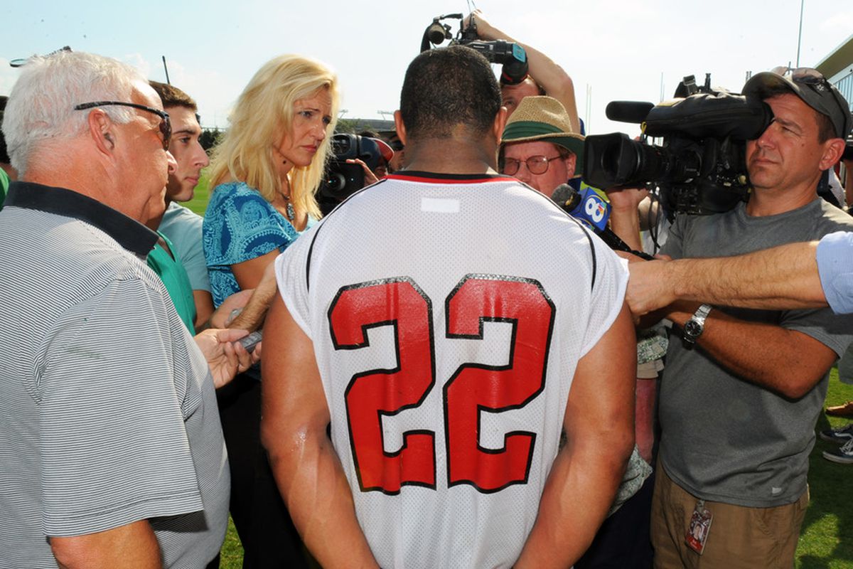 TAMPA, FL -  MAY 4: Running back Doug Martin #22 of the Tampa Bay Buccaneers talks to the media after a rookie practice at the Buccaneers practice facility May 4, 2012 in Tampa, Florida. (Photo by Al Messerschmidt/Getty Images)