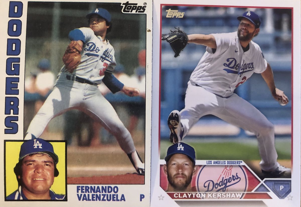 The 1984 Topps baseball card of Fernando Valenzuela, and the 2023 Topps card of Clayton Kershaw.