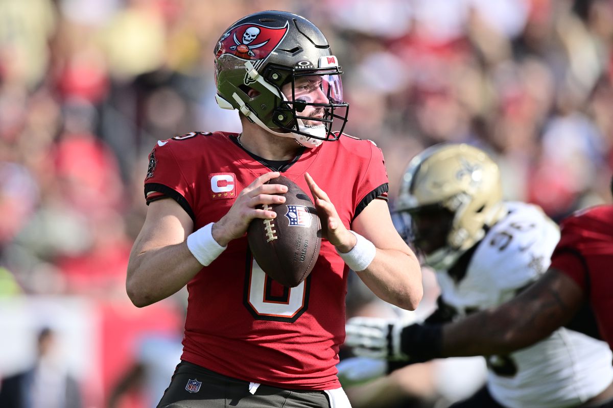 Baker Mayfield #6 of the Tampa Bay Buccaneers looks to pass during the second quarter against the New Orleans Saints at Raymond James Stadium on December 31, 2023 in Tampa, Florida.