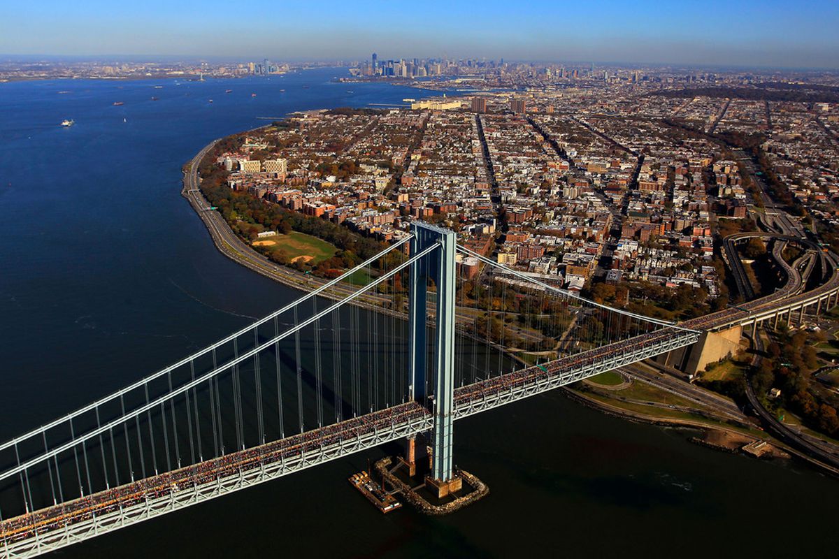 NEW YORK - NOVEMBER 06:  Runners cross the Verrazano-Narrows Bridge towards Brooklyn at the start of the ING New York City Marathon as seen from the air on November 6, 2011 in New York City.  (Photo by Chris Trotman/Getty Images)