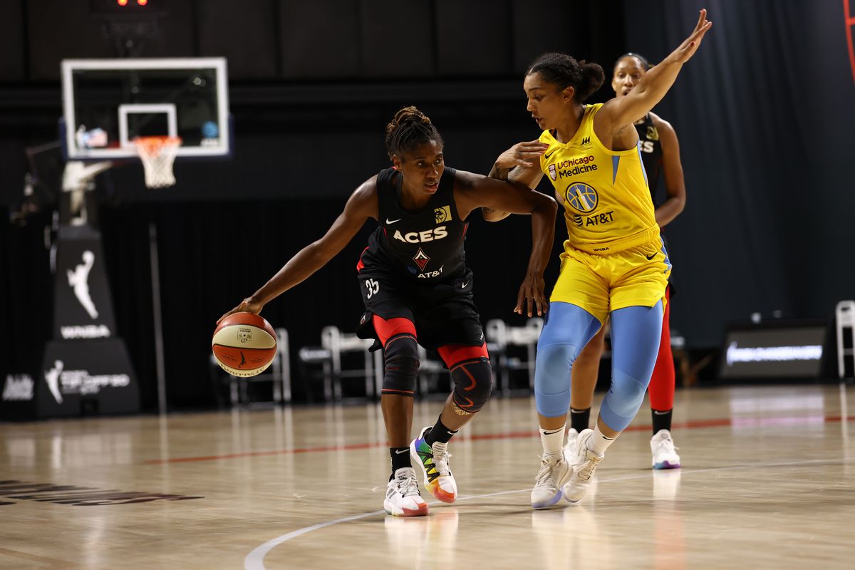 Angel McCoughtry of the Las Vegas Aces handles the ball against the Chicago Sky on July 26, 2020 at Feld Entertainment Center in Palmetto, Florida.