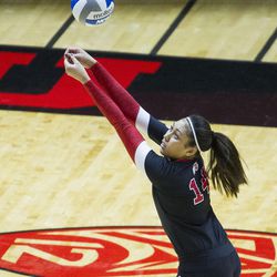 Utah outside hitter Adora Anae passes the ball against Colorado during an NCAA women's volleyball match at the Huntsman Center in Salt Lake City on Friday, Nov. 25, 2016. Utah dropped its home finale to Colorado 3-2.