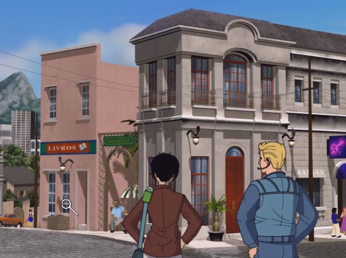 A cut-scene shows two characters looking at large buildings in the distance