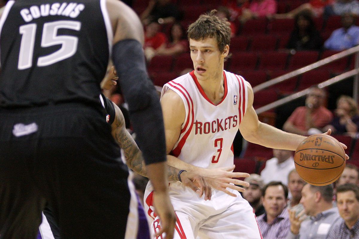 March 26, 2012; Houston, TX, USA; Houston Rockets guard Goran Dragic (3) controls the ball during the first quarter against the Sacramento Kings at the Toyota Center. Mandatory Credit: Troy Taormina-US PRESSWIRE