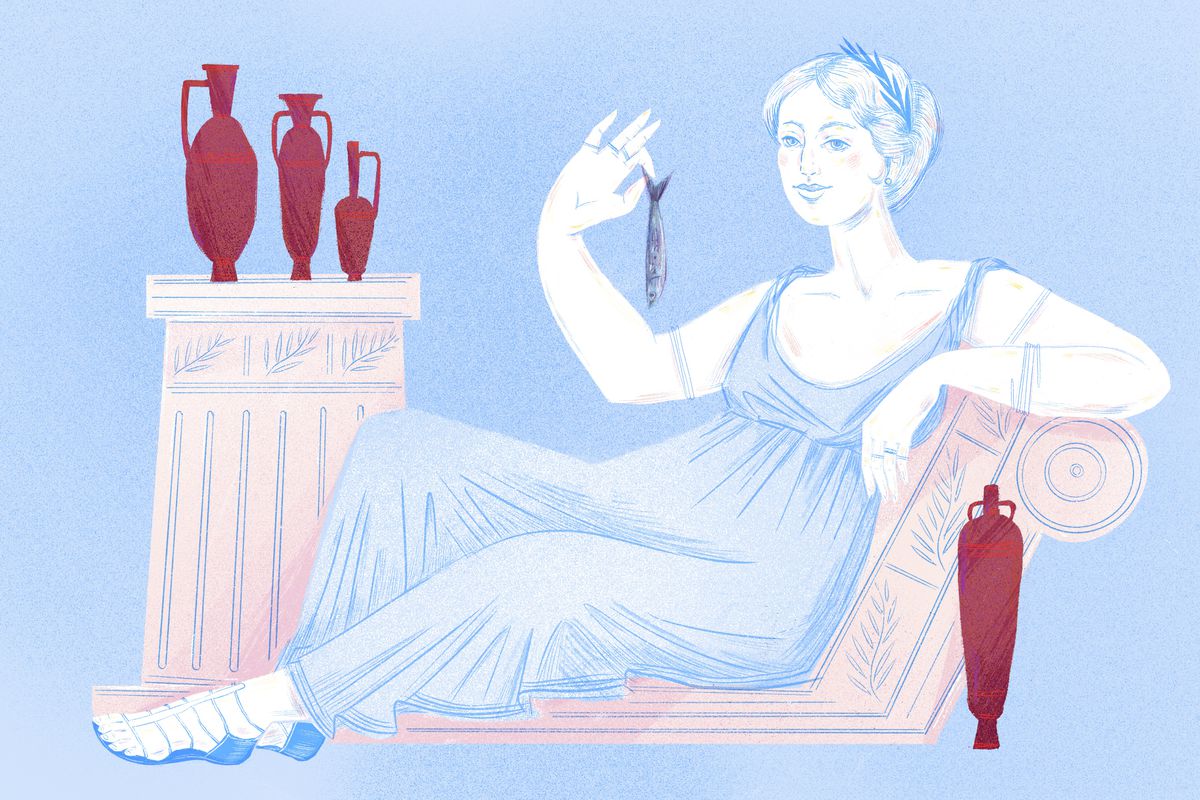 An ancient Greek woman wearing a toga reclines while dangling a fish from her fingers; in front of and behind her are tall brick-red vases. Illustration.