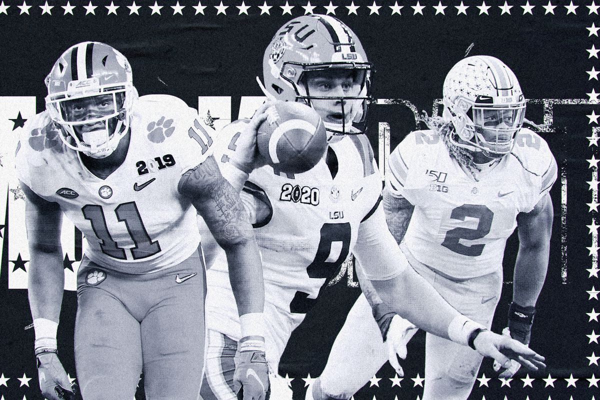 A black and white collage of NFL Draft prospects Isaiah Simmons (Clemson LB), Joe Burrow (LSU QB), and Chase Young (Ohio State DE), with the words “MOCK DRAFT” in the background surrounded by stars