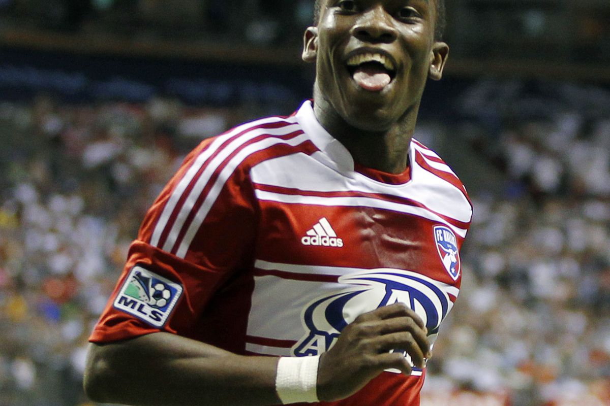 VANCOUVER, CANADA - AUGUST 15:   Fabian Castillo #7 of FC Dallas reacts to his goal against the Vancouver Whitecaps FC during their MLS game  August 15, 2012 in Vancouver, British Columbia, Canada. (Photo by Jeff Vinnick/Getty Images)