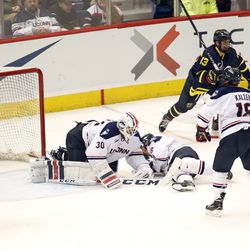 The Merrimack Warriors take on the UConn Huskies in a men's college hockey game at the XL Center in Hartford, CT on January 5, 2018.