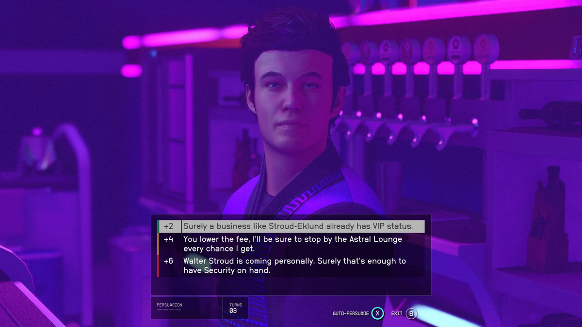 The player talks to the bartender on Neon in Starfield