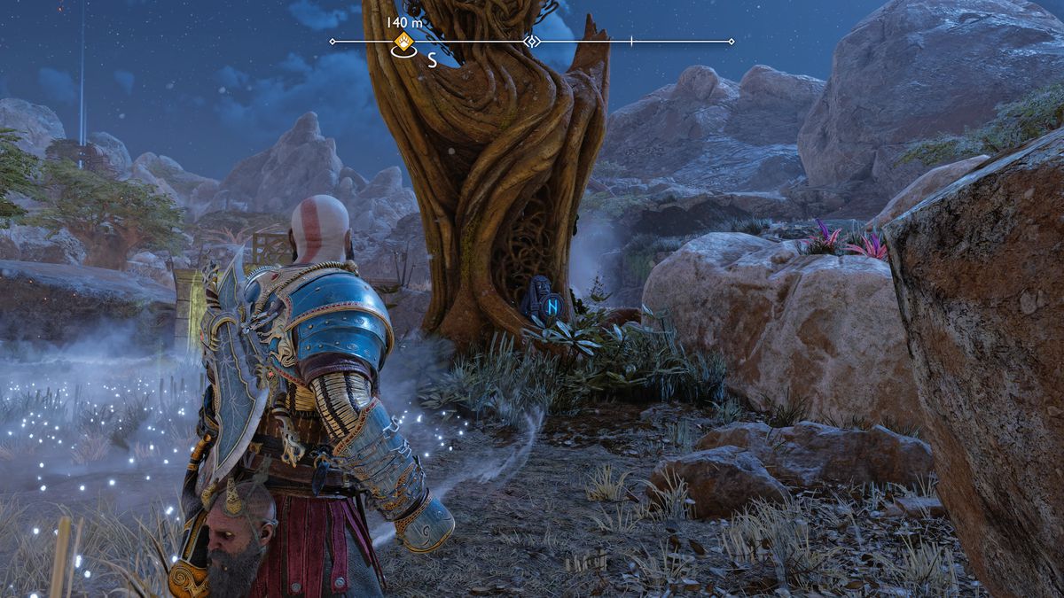 Kratos takes aim at a Totem behind a elf statue in God of War Ragnarok