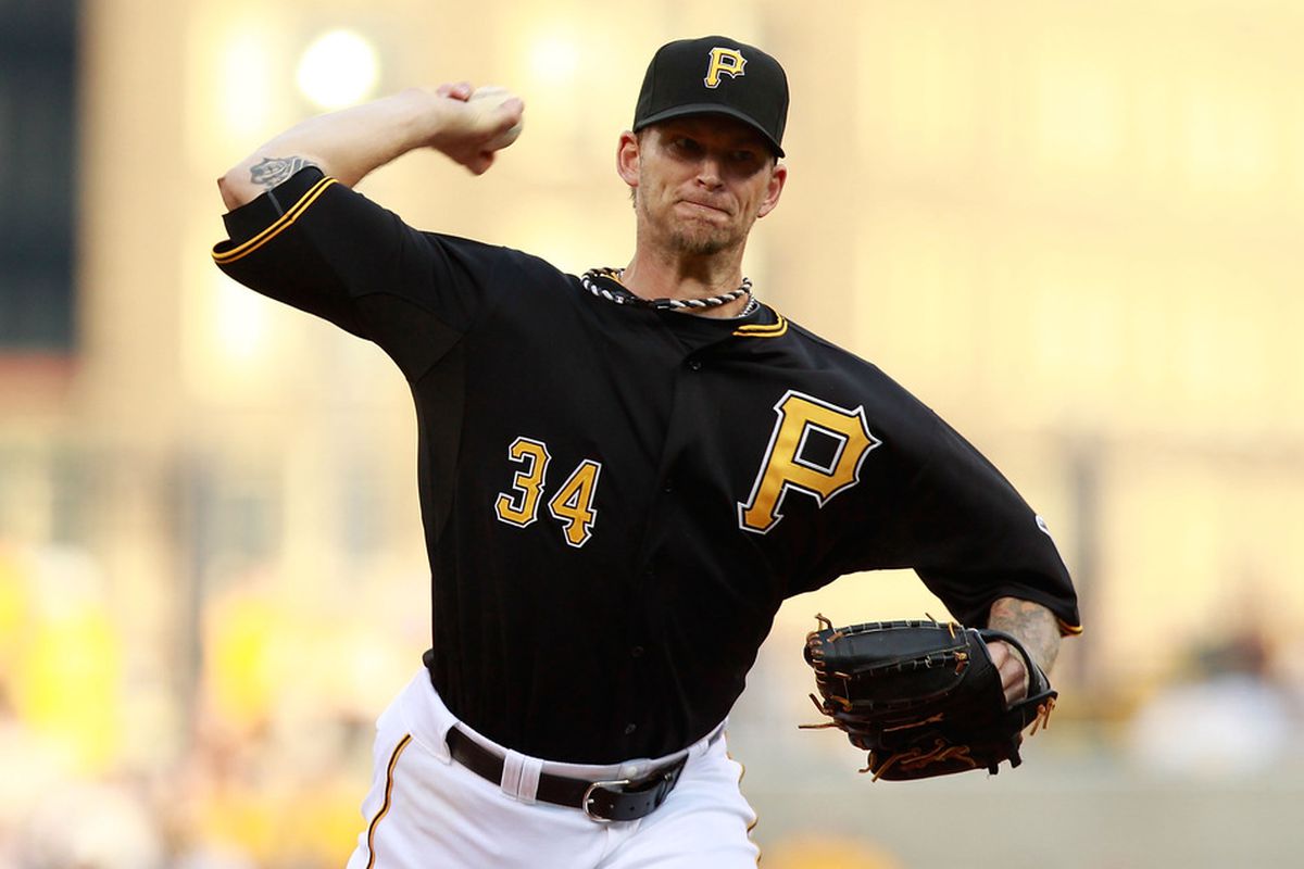 PITTSBURGH, PA - JUNE 22:  A.J. Burnett #34 of the Pittsburgh Pirates pitches against the Detroit Tigers during the game on June 22, 2012 at PNC Park in Pittsburgh, Pennsylvania.  (Photo by Jared Wickerham/Getty Images)