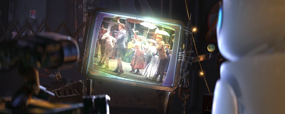 WALL-E and EVE watch a dance sequence from 1969’s Hello Dolly! in Pixar’s animated movie Wall-E