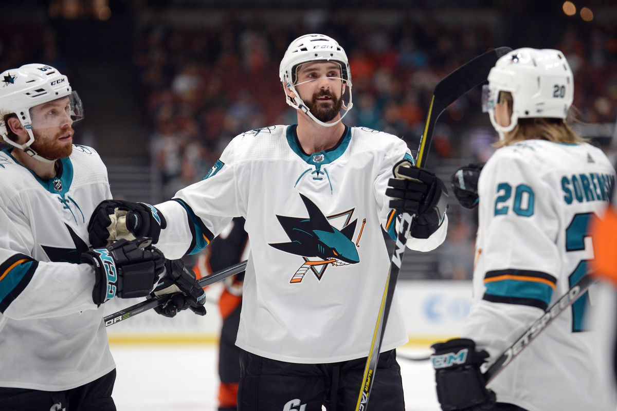 September 20, 2018; Anaheim, CA, USA; San Jose Sharks defenseman Jacob Middleton (67) celebrates with center Rourke Chartier (60) and left wing Marcus Sorensen (20) his goal scored against the Anaheim Ducks during the second period at Honda Center.