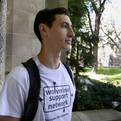 University of Michigan senior and Wolverine Support Network Executive Director Jordan Lazarus walks on campus in Ann Arbor, Mich., on Wednesday, Sept. 12, 2018. The peer-to-peer group is designed to empower students to create a safe community in support of mental well-being and identity development.
