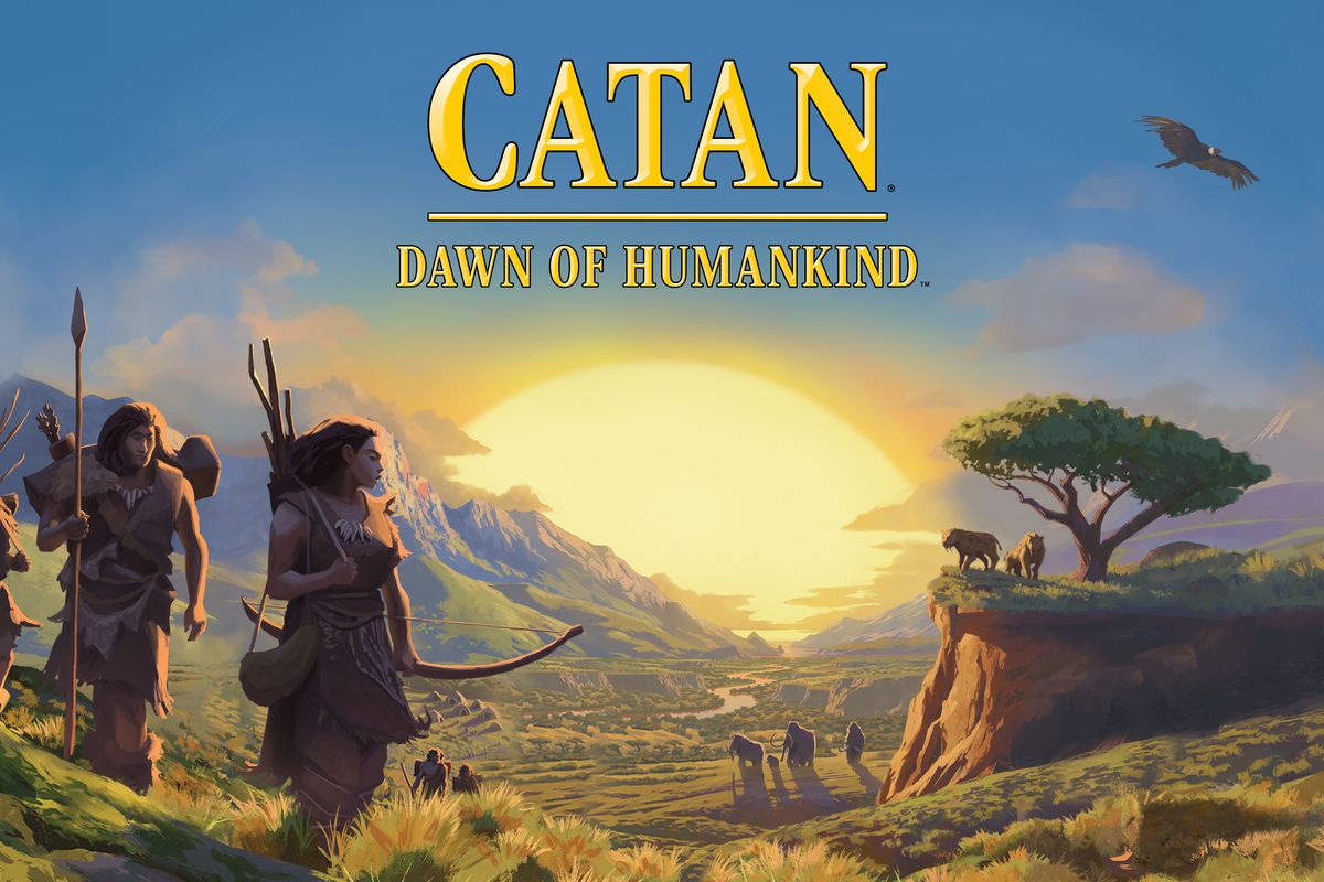 The box art for Catan: Dawn of Humankind, depicting indigenous people trekking out of a valley with mammoths and sabertooth tigers in the distance.