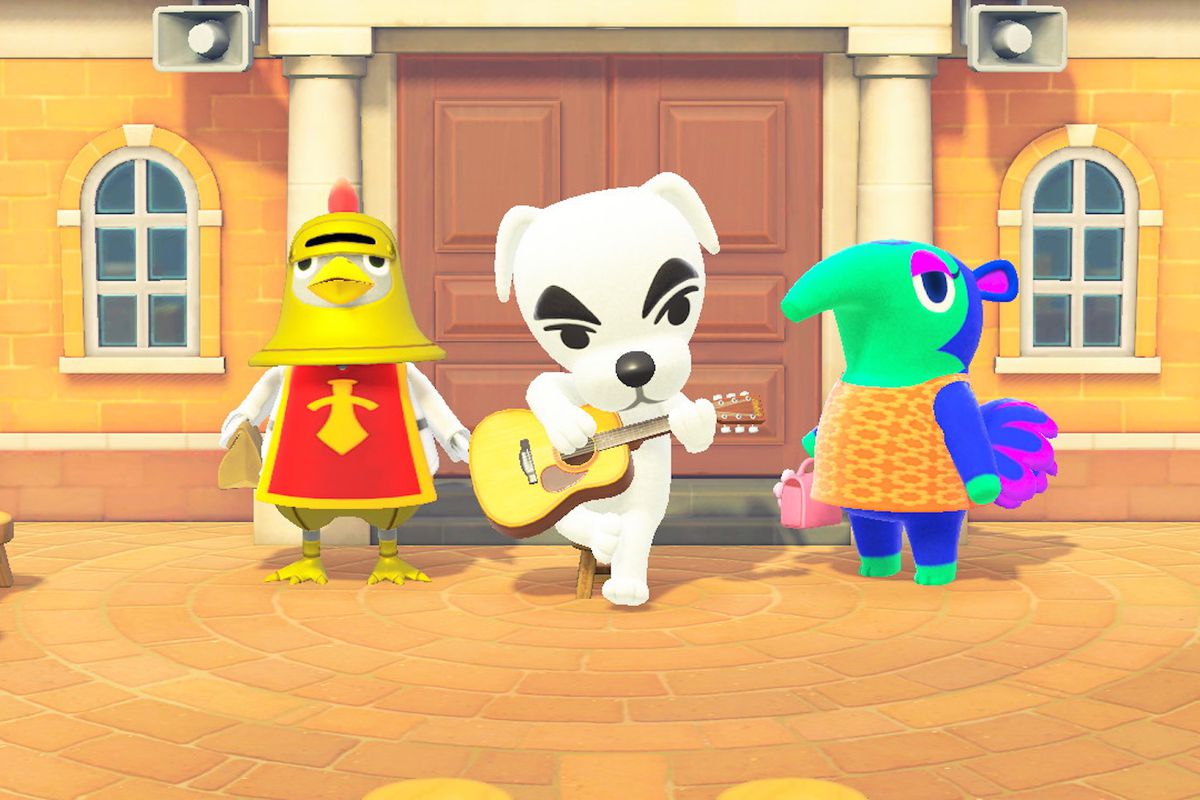 KK Slider in Animal Crossing, performing next to two other villagers.