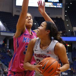 The Memphis Tigers take on the UConn Huskies in a women’s college basketball game at the XL Center in Hartford, CT on February 20, 2019.