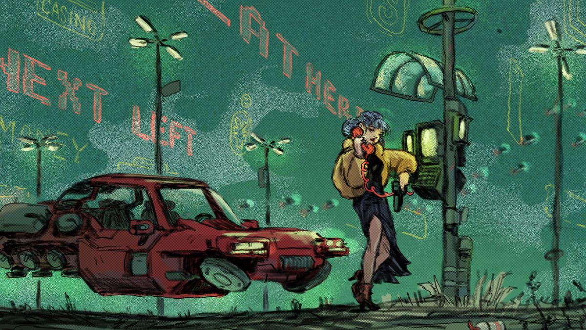 An original illustration shows a woman in a dress talking on a futuristic pay phone while standing next to a flying car