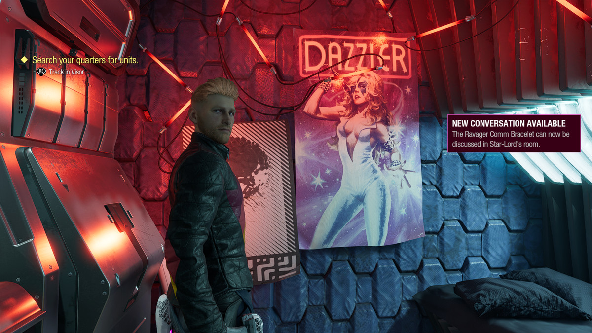 Star-Lord standing in front of the Dazzler poster in his cabin