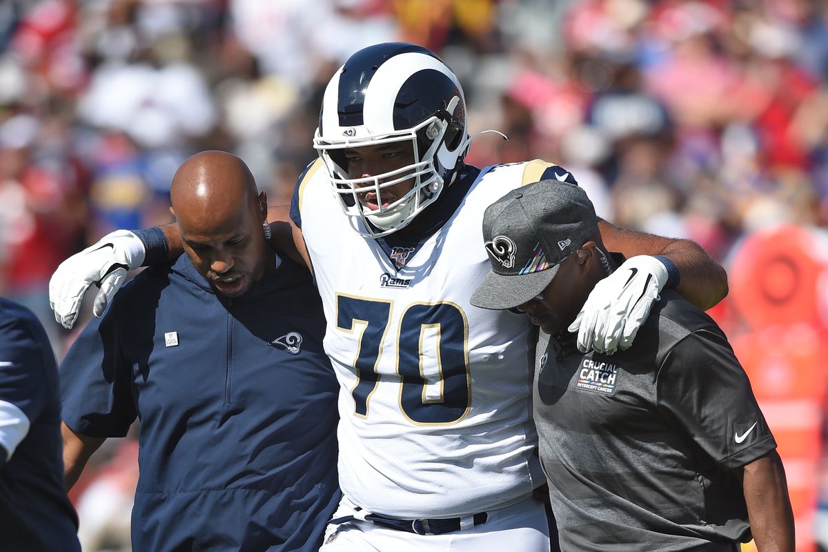 Los Angeles Rams LG Joe Noteboom is taken off the field with a season-ending injury during the Week 6 game against the San Francisco 49ers, Oct. 13, 2019.