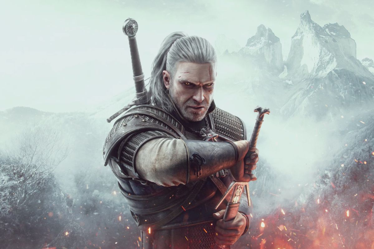 The Witcher 3: The Wild Hunt title card with Geralt drawing his sword