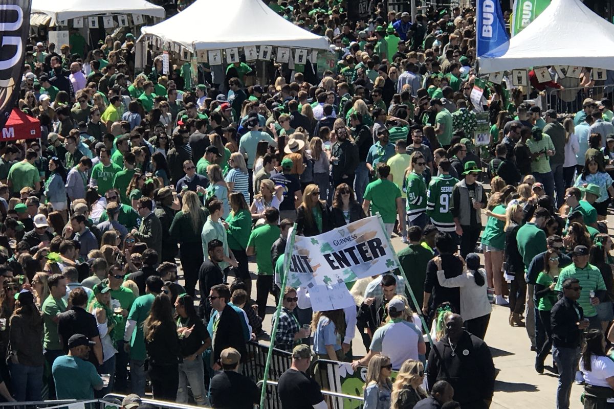 A crowd at the Lower Greenville Avenue St. Patrick’s Day Block Party