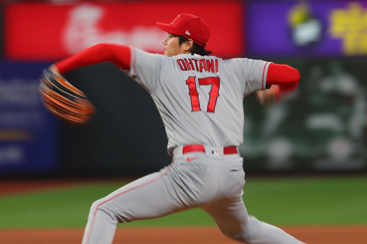 Shohei Ohtani of the Los Angeles Angels pitches against the St. Louis Cardinals at Busch Stadium on May 3, 2023 in St Louis, Missouri.