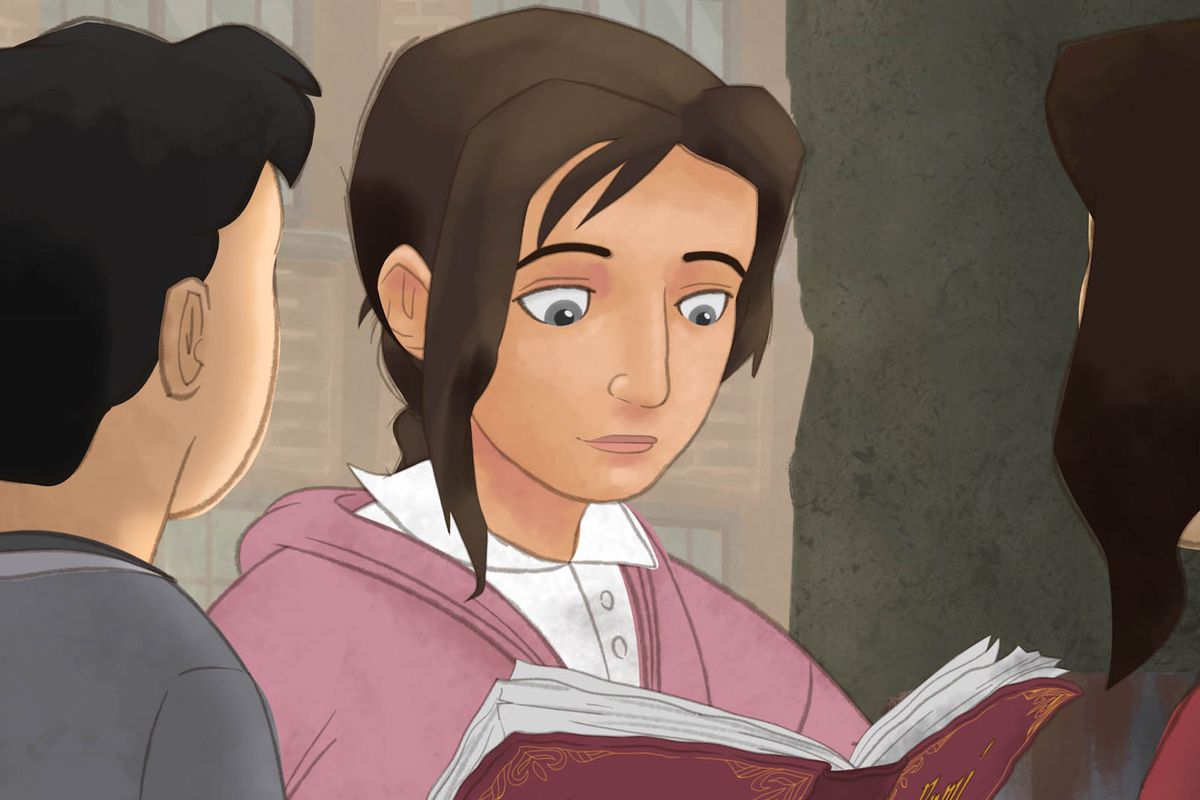 a young animated girl reading a book