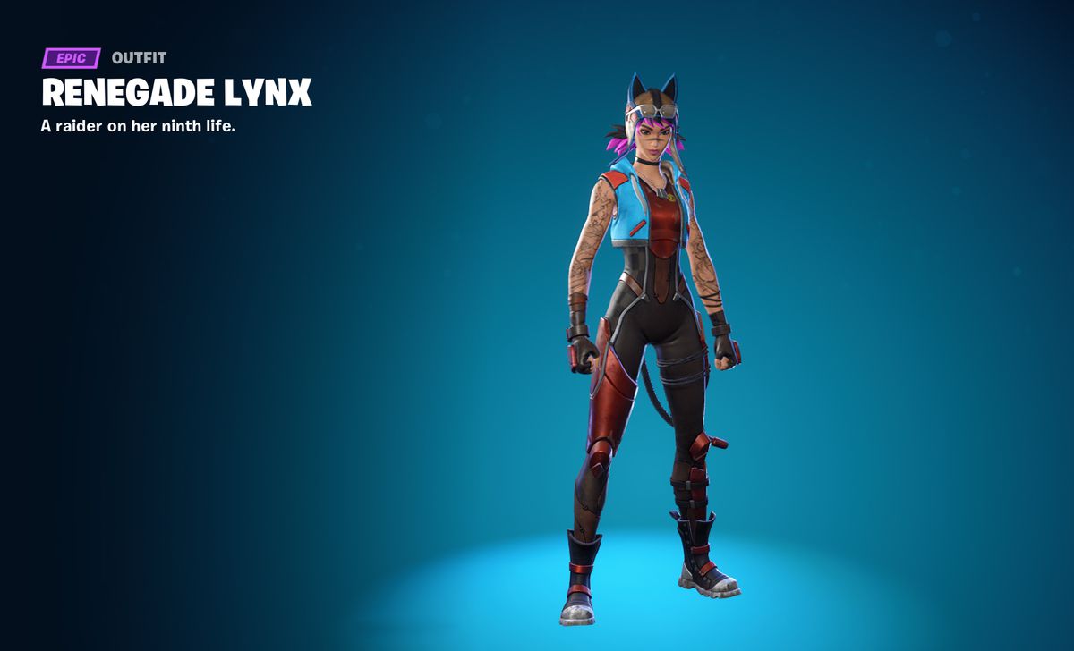 Renegade Lynx in Fortnite, a pink-haired girl in a cat hat and vest.