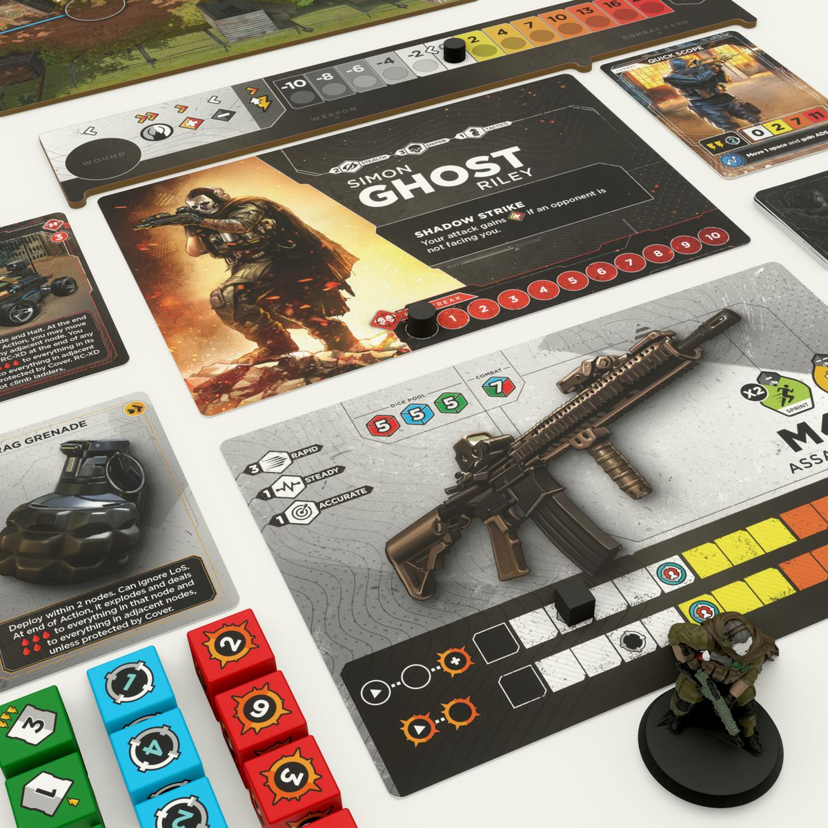 A close-up shot of a set of renders from Call of Duty: The Board Game showing Ghost, his miniature, and the stats of the M4 he carries into battle. There are tokens for magazine contents.