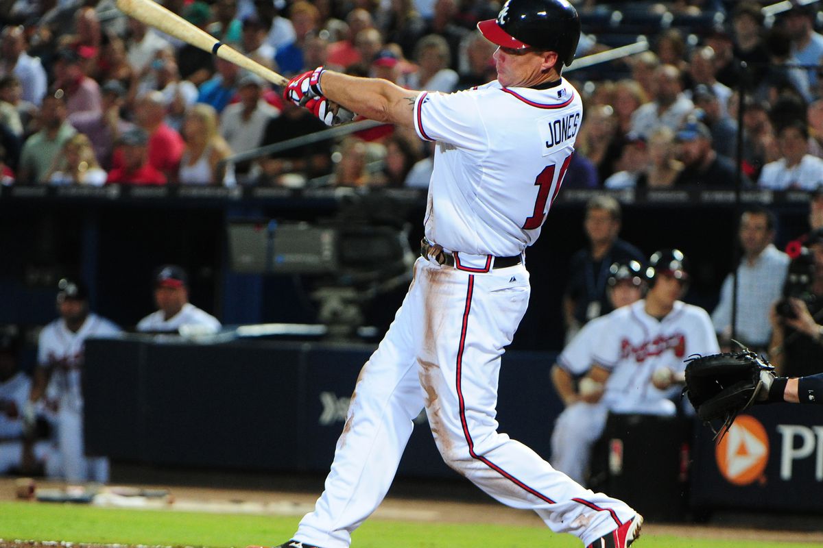 ATLANTA, GA - AUGUST 16: Chipper Jones #10 of the Atlanta Braves hits his second home run of the game against the San Diego Padres at Turner Field on August 16, 2012 in Atlanta, Georgia. (Photo by Scott Cunningham/Getty Images)