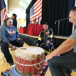 Red Sky, a drum group from the Ute Tribe of Utah, perform an "honor song" during the University of Utah’s annual Veterans Day commemoration in Salt Lake City on Friday, Nov. 11, 2016.