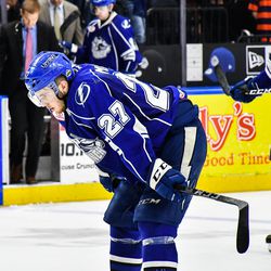 Syracuse Crunch Dominik Masin (27) after loosing to the Toronto Marlies in an American Hockey League (AHL) Calder Cup Playoff game at the War Memorial Arena in Syracuse, New York on Sunday, May 6, 2018. Toronto won 7-1.
