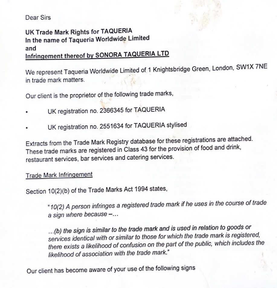 A scan of a trademark infringement letter sent to Sonora by Taqueria Worldwide Ltd.