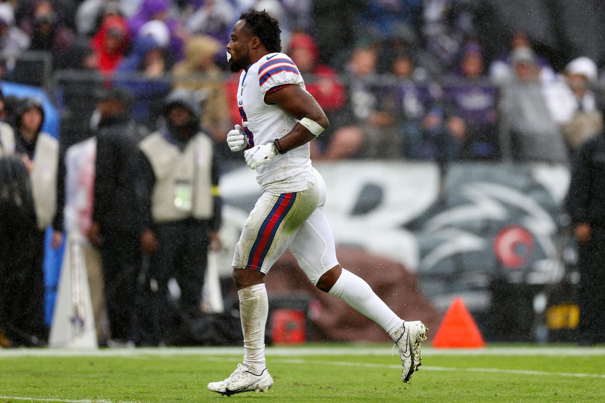 Isaiah McKenzie #6 of the Buffalo Bills jogs across the field after being injured in the third quarter against the Baltimore Ravens at M&amp;T Bank Stadium on October 02, 2022 in Baltimore, Maryland.