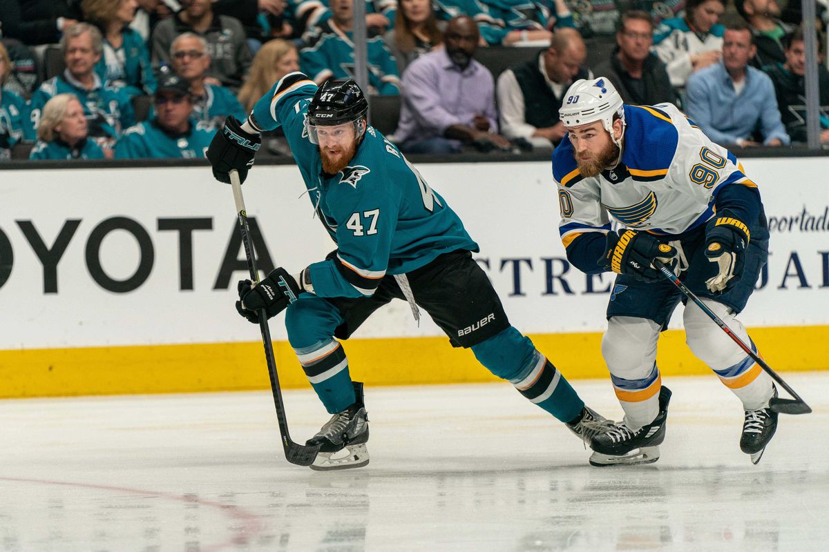 San Jose Sharks defenseman Joakim Ryan (47) and St. Louis Blues center Ryan O’Reilly (90) race for the puck during the second period in game two of the Western Conference Final of the 2019 Stanley Cup Playoffs at SAP Center at San Jose.&nbsp;