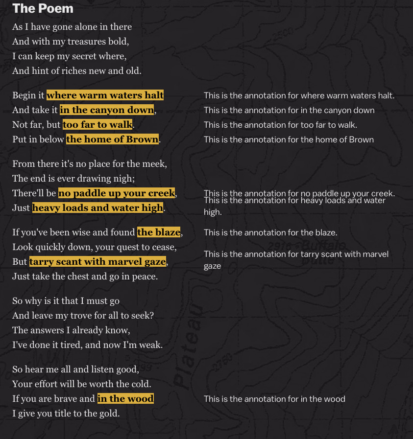 The poem with dummy annotations floated to the right of the poem with matching clues horizontally aligned.