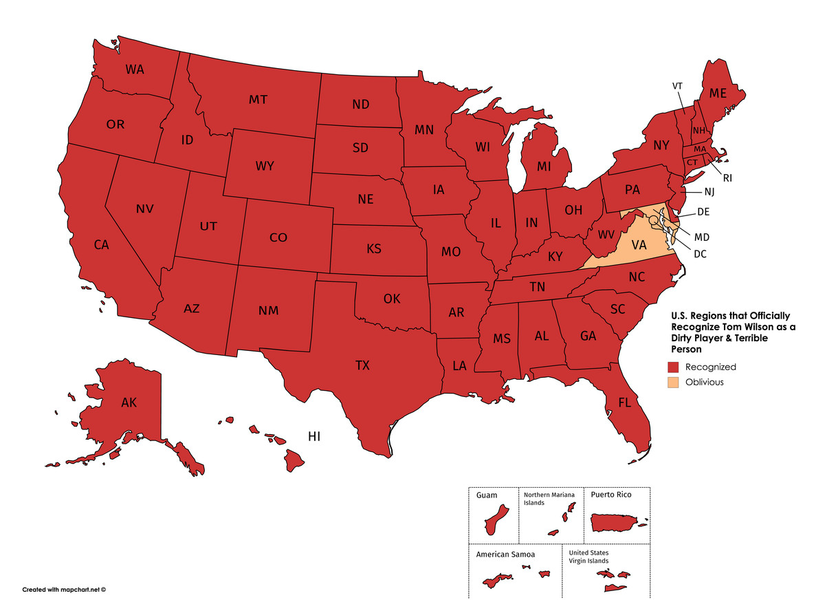 A map depicting where Americans are most likely to rationalize the behavior of Tom Wilson.