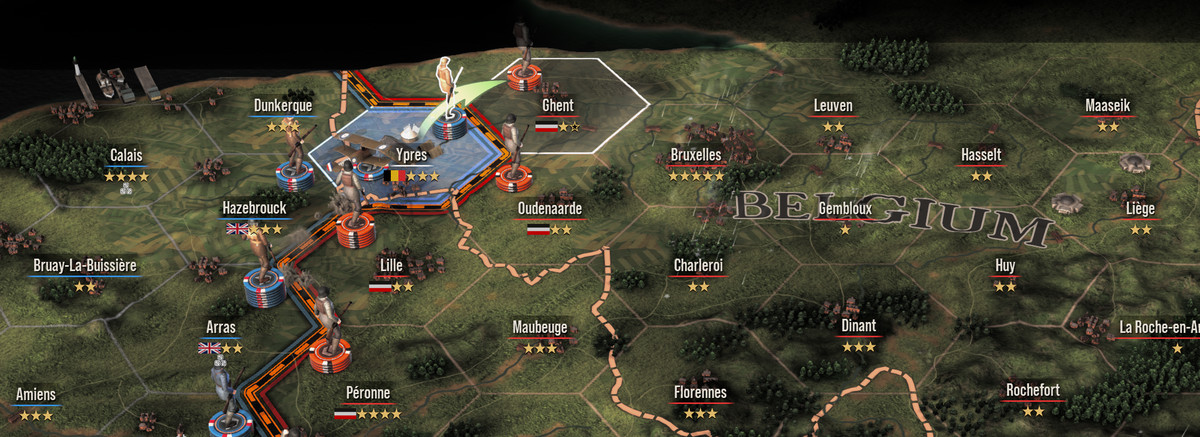 A screenshot from The Great War: The Western Front showing a bird’s-eye map of Belgium.