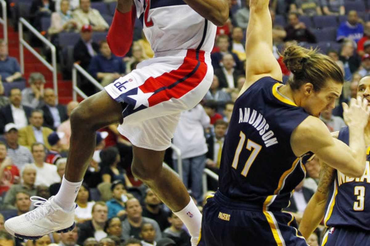April 4, 2012; Washington, DC, USA; Washington Wizards point guard John Wall (2) shoots the ball over Indiana Pacers center Louis Amundson (17) in the second half at Verizon Center. The Pacers won 109-96. Mandatory Credit: Geoff Burke-US PRESSWIRE