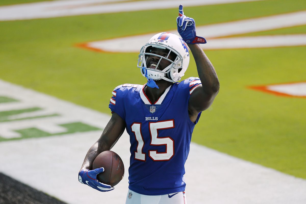 John Brown of the Buffalo Bills celebrates after a 46-yard touchdown pass from Josh Allen against the Miami Dolphins during the fourth quarter at Hard Rock Stadium on September 20, 2020 in Miami Gardens, Florida.