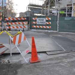 Construction plates covering the roadway at Sheffield and Waveland