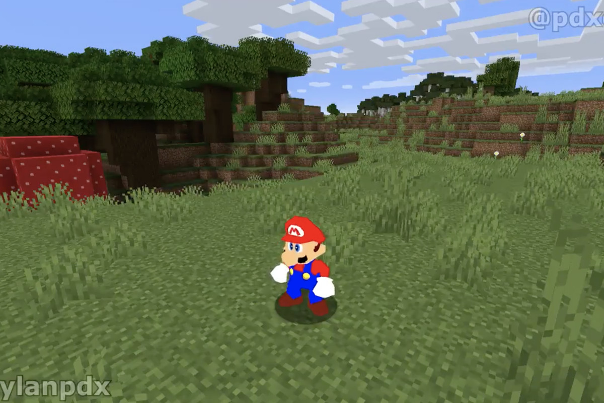 Mario from Super Mario 64 in a grassy area of Minecraft