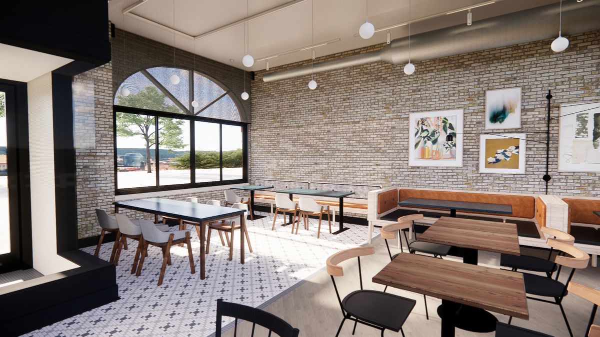A rendering of a restaurant with brick walls and art.