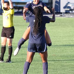 UConn’s Jada Konte #7 celebrates with Jaydah Bedoya #13 after scoring during the New Hampshire Wildcats vs the UConn Huskies exhibition women’s college soccer game at Morrone Stadium at Rizza Performance Center in Storrs, CT, on Saturday August 14, 2021.